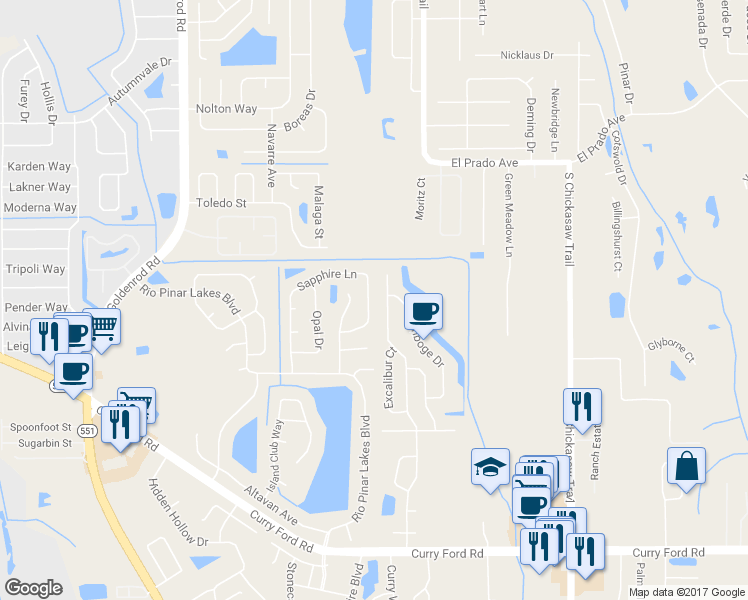 map of restaurants, bars, coffee shops, grocery stores, and more near 7927 Sapphire Lane in Orlando