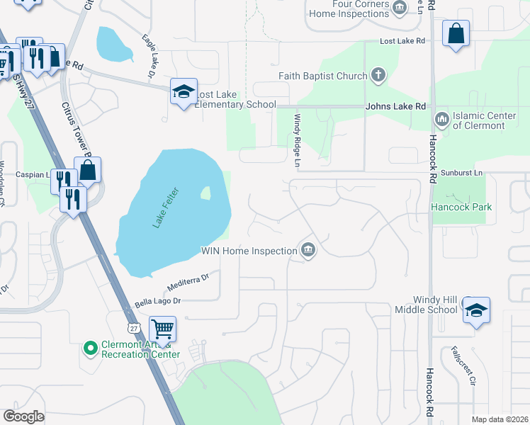 map of restaurants, bars, coffee shops, grocery stores, and more near 2178 Caxton Avenue in Clermont