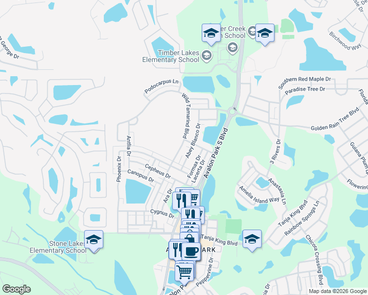 map of restaurants, bars, coffee shops, grocery stores, and more near 13824 Tea Rose Drive in Orlando