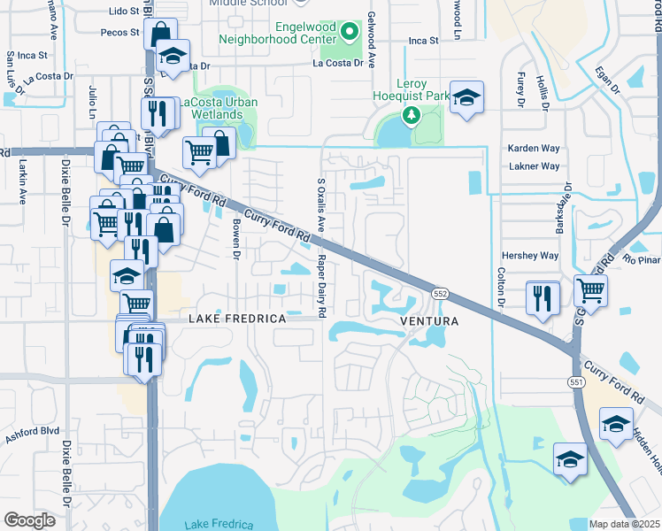 map of restaurants, bars, coffee shops, grocery stores, and more near 2083 Raper Dairy Road in Orlando
