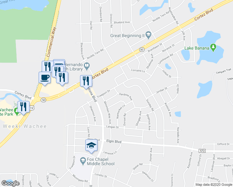 map of restaurants, bars, coffee shops, grocery stores, and more near 6260 Sardinia Avenue in Spring Hill