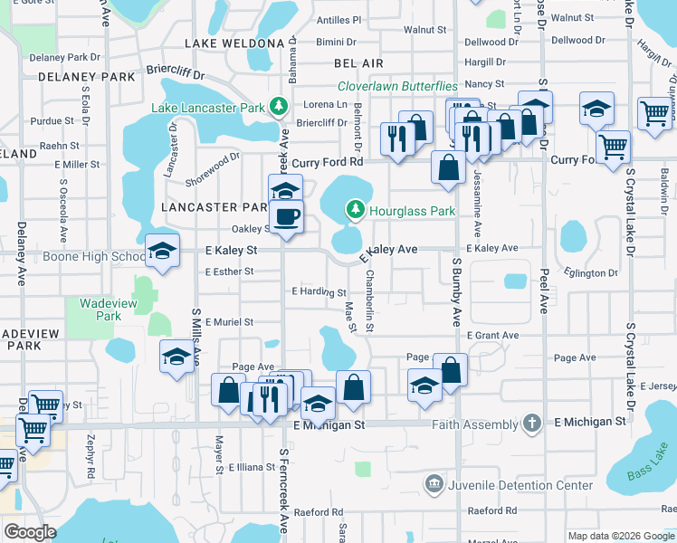 map of restaurants, bars, coffee shops, grocery stores, and more near 1720 East Kaley Avenue in Orlando