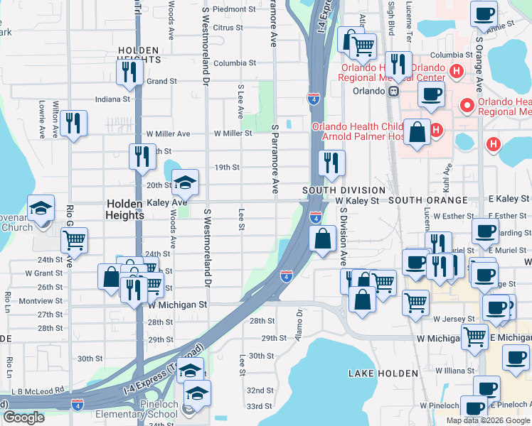 map of restaurants, bars, coffee shops, grocery stores, and more near 721 22nd Street in Orlando