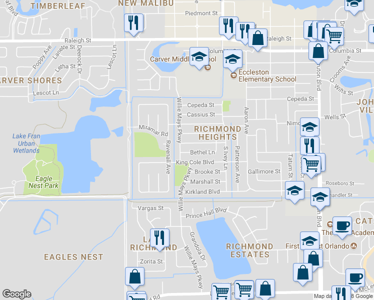 map of restaurants, bars, coffee shops, grocery stores, and more near 4567 Weldon Place in Orlando