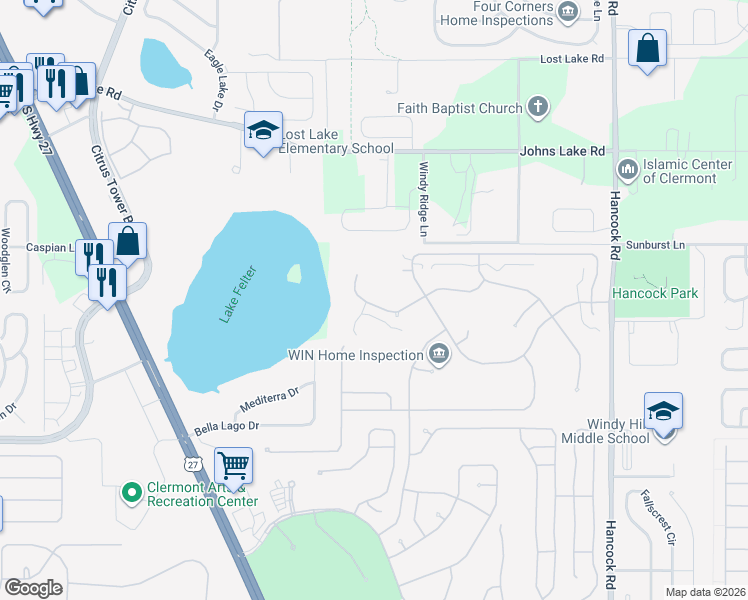 map of restaurants, bars, coffee shops, grocery stores, and more near 2178 Caxton Avenue in Clermont