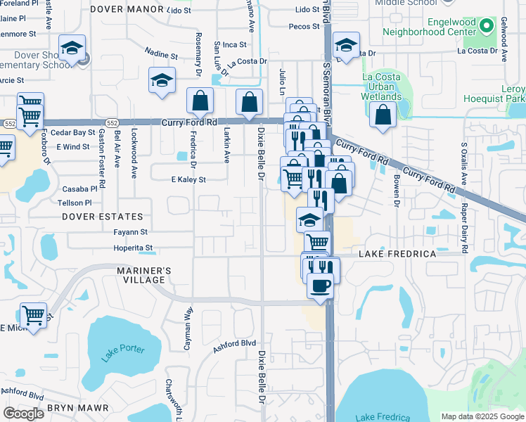 map of restaurants, bars, coffee shops, grocery stores, and more near 2013 South Plainfield Drive in Orlando
