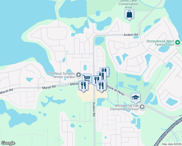 map of restaurants, bars, coffee shops, grocery stores, and more near 1033 Vinsetta Circle in Winter Garden