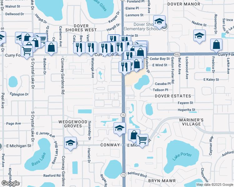 map of restaurants, bars, coffee shops, grocery stores, and more near 1916 South Conway Road in Orlando