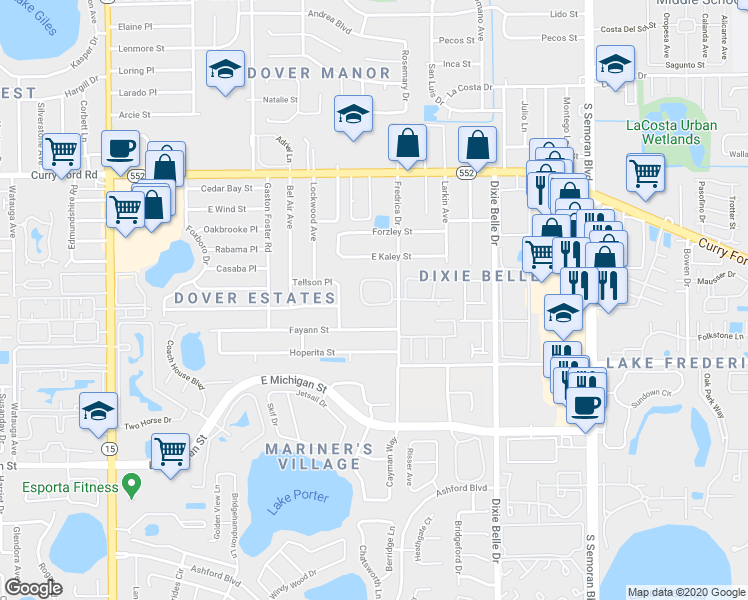 map of restaurants, bars, coffee shops, grocery stores, and more near 5273 Tunbridge Wells Lane in Orlando