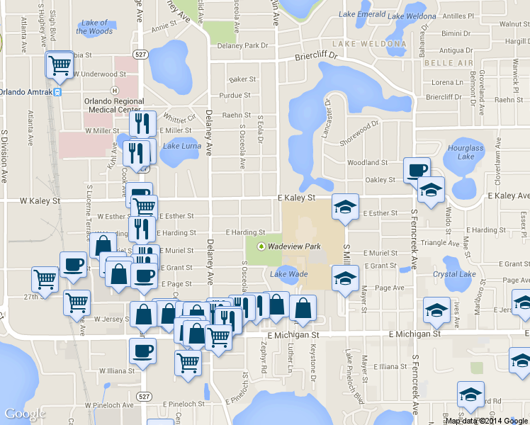 map of restaurants, bars, coffee shops, grocery stores, and more near 537 East Esther Street in Orlando