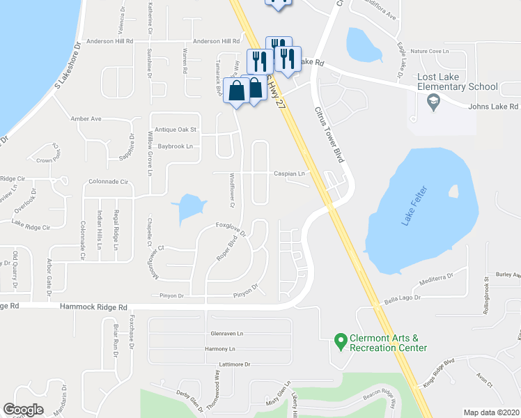 map of restaurants, bars, coffee shops, grocery stores, and more near 12041 Woodglen Circle in Clermont