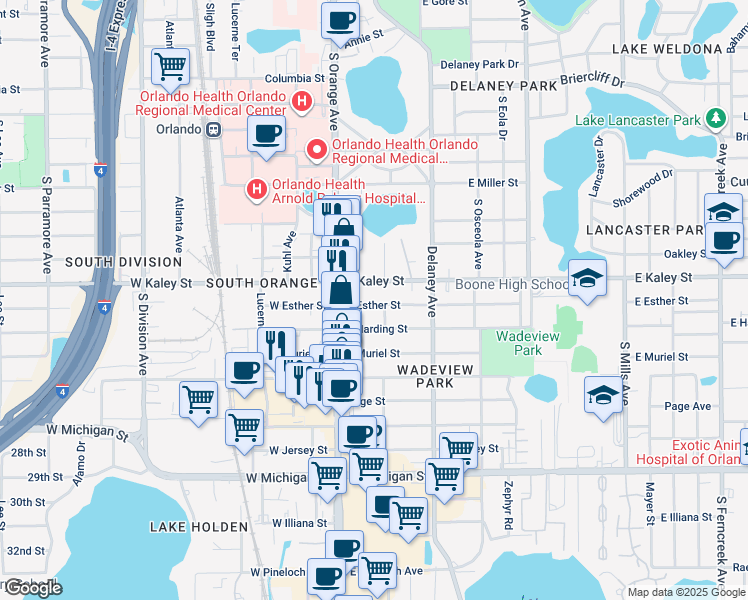 map of restaurants, bars, coffee shops, grocery stores, and more near 139 East Esther Street in Orlando