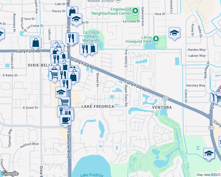 map of restaurants, bars, coffee shops, grocery stores, and more near 5936 Mausser Drive in Orlando