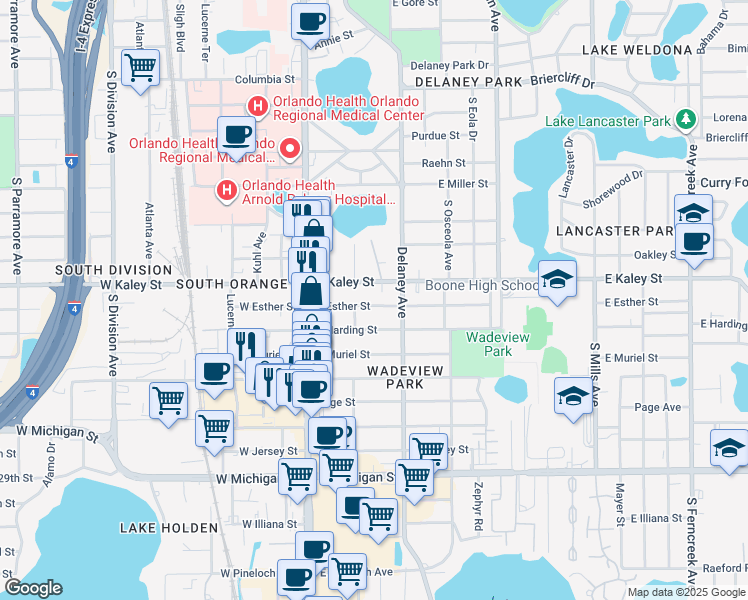 map of restaurants, bars, coffee shops, grocery stores, and more near 217 East Esther Street in Orlando