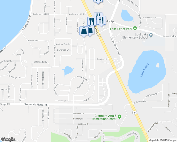 map of restaurants, bars, coffee shops, grocery stores, and more near 12049 Woodglen Circle in Clermont