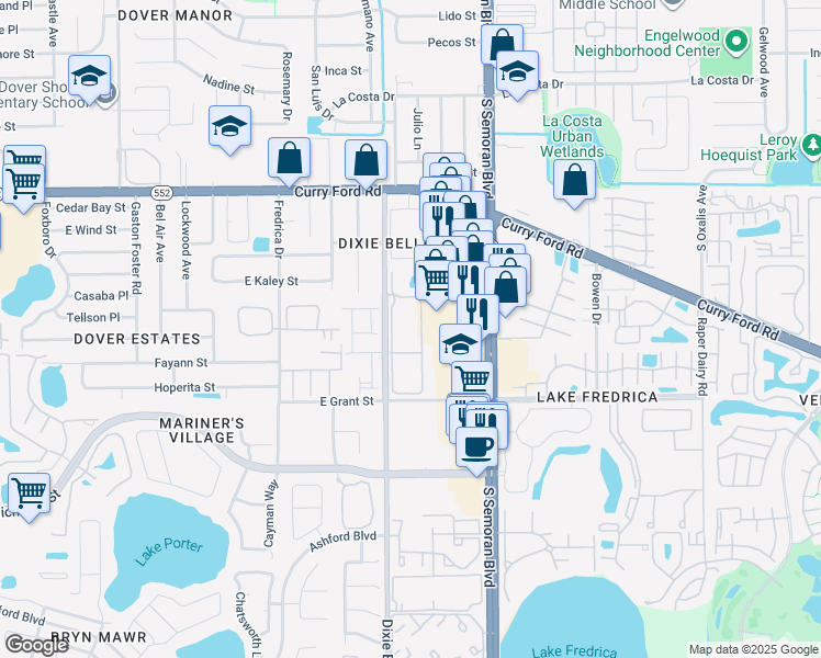 map of restaurants, bars, coffee shops, grocery stores, and more near 2025 Dixie Belle Drive in Orlando