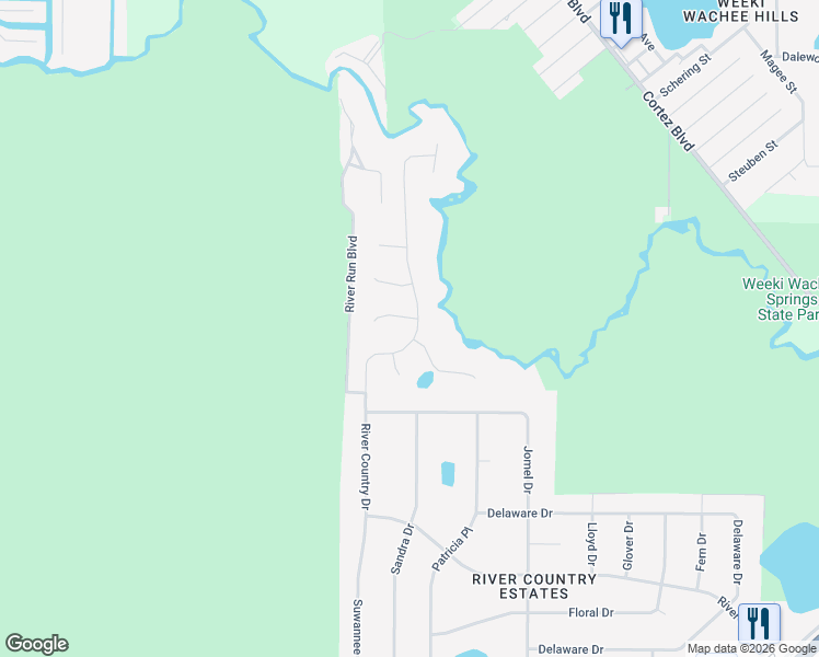 map of restaurants, bars, coffee shops, grocery stores, and more near 6121 Waters Way in Spring Hill