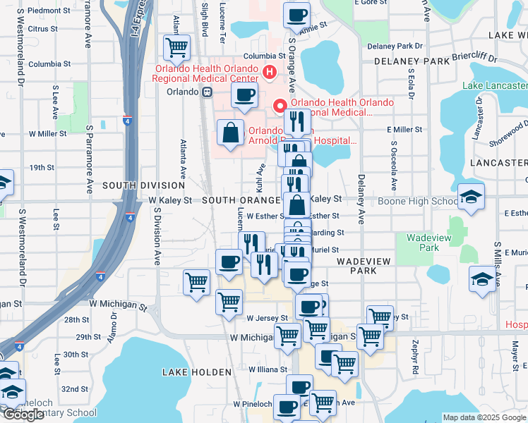 map of restaurants, bars, coffee shops, grocery stores, and more near 51 West Esther Street in Orlando