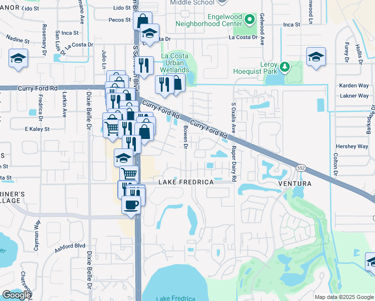 map of restaurants, bars, coffee shops, grocery stores, and more near 2025 Bowen Drive in Orlando