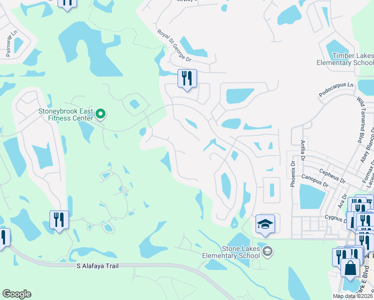 map of restaurants, bars, coffee shops, grocery stores, and more near 14408-14420 Fawnhaven Court in Orlando