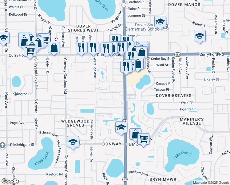 map of restaurants, bars, coffee shops, grocery stores, and more near 1932 South Conway Road in Orlando
