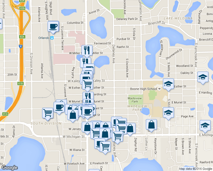 map of restaurants, bars, coffee shops, grocery stores, and more near 217 East Esther Street in Orlando