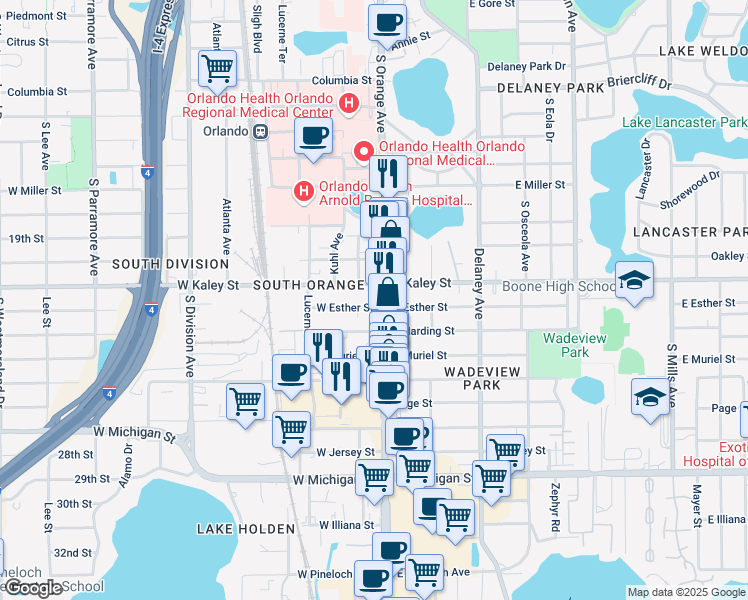 map of restaurants, bars, coffee shops, grocery stores, and more near 1912 South Orange Avenue in Orlando