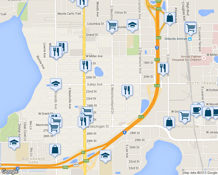map of restaurants, bars, coffee shops, grocery stores, and more near 2106 South Westmoreland Drive in Orlando