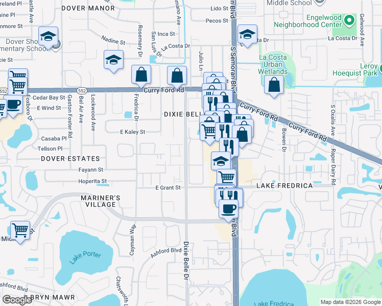 map of restaurants, bars, coffee shops, grocery stores, and more near 2025 Dixie Belle Drive in Orlando