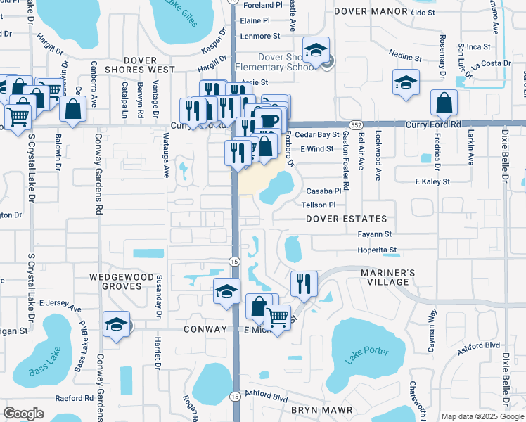 map of restaurants, bars, coffee shops, grocery stores, and more near 1935 South Conway Road in Orlando