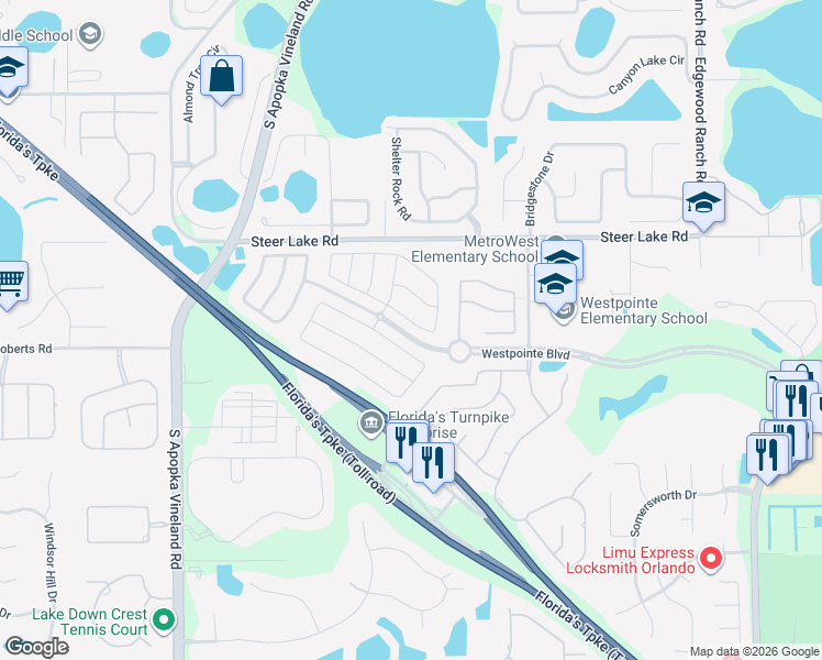 map of restaurants, bars, coffee shops, grocery stores, and more near 7742 Bardmoor Hill Circle in Orlando