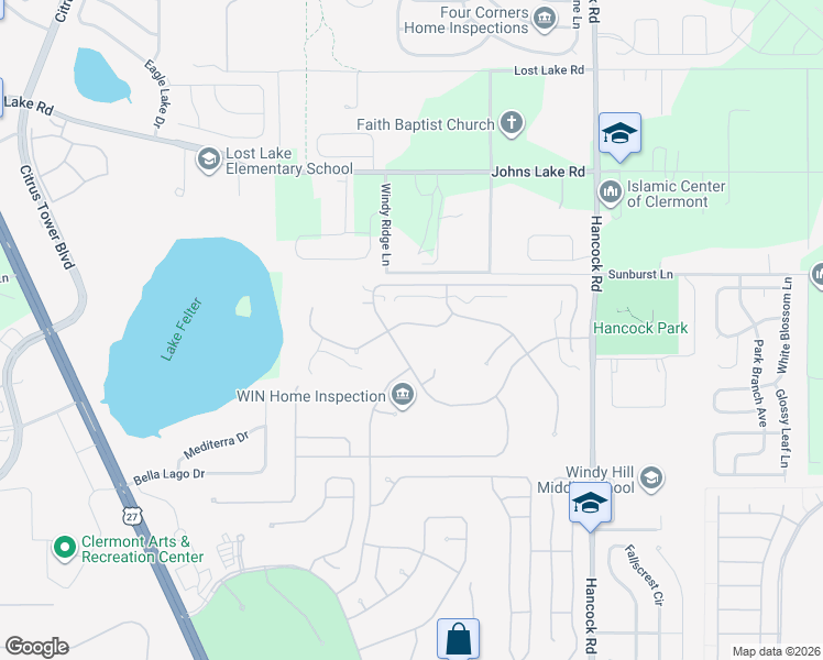 map of restaurants, bars, coffee shops, grocery stores, and more near 2215 Caxton Avenue in Clermont