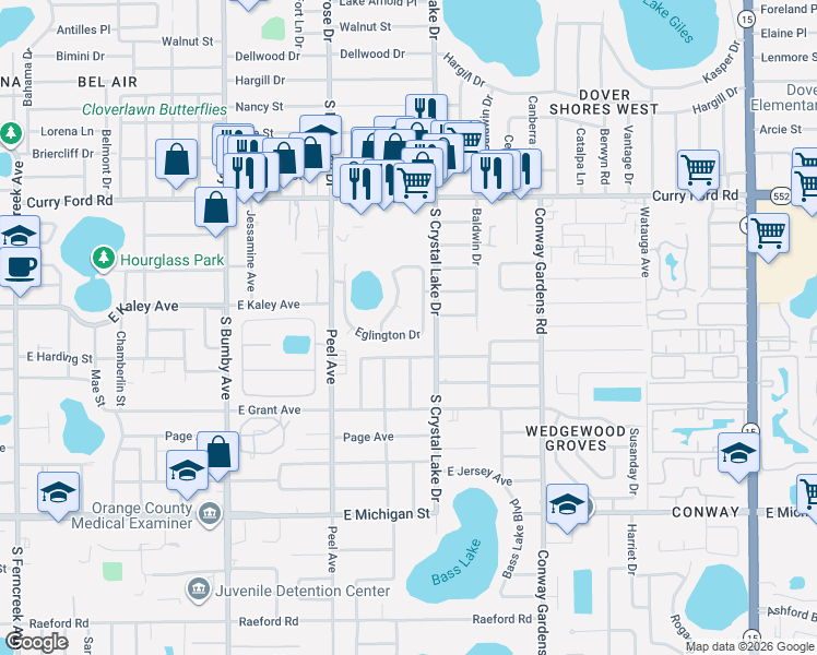map of restaurants, bars, coffee shops, grocery stores, and more near 3007 Eglington Drive in Orlando