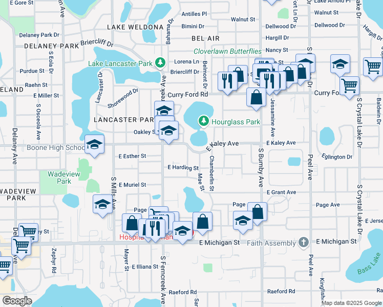 map of restaurants, bars, coffee shops, grocery stores, and more near 1720 East Kaley Avenue in Orlando
