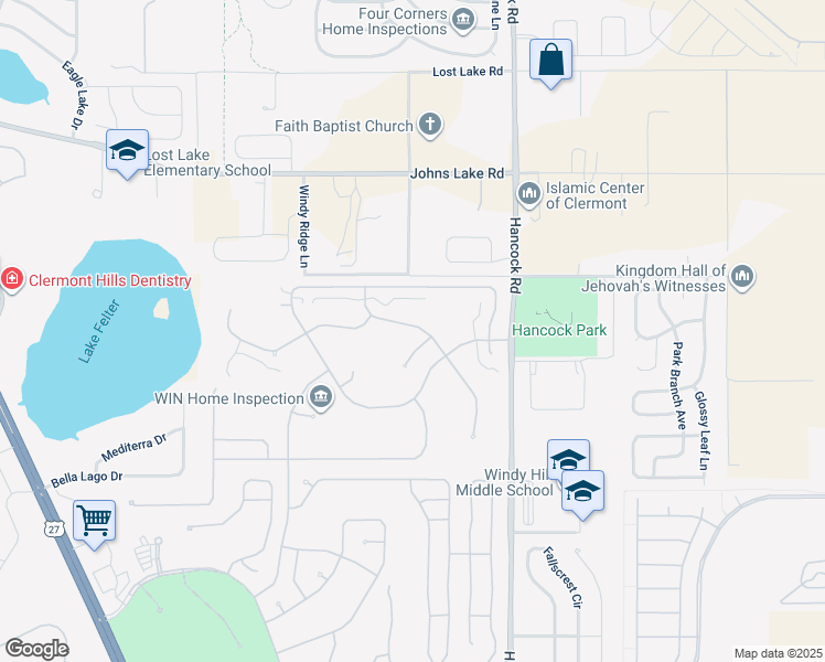 map of restaurants, bars, coffee shops, grocery stores, and more near 3458 Chessington Street in Clermont