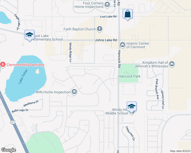 map of restaurants, bars, coffee shops, grocery stores, and more near 3458 Chessington Street in Clermont