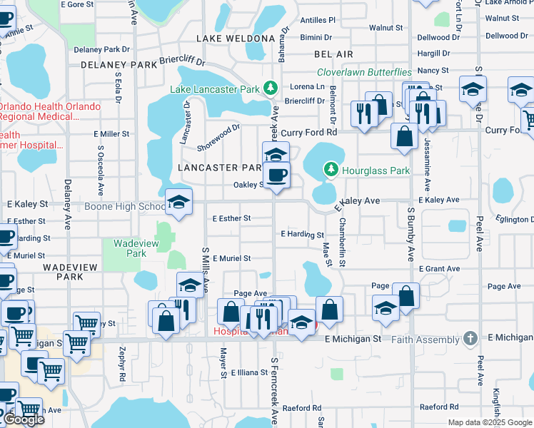 map of restaurants, bars, coffee shops, grocery stores, and more near 1527 East Esther Street in Orlando