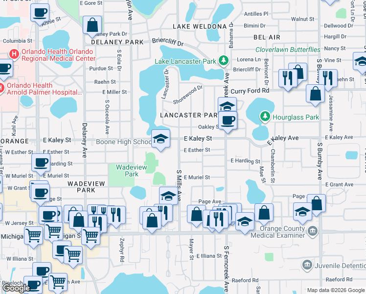 map of restaurants, bars, coffee shops, grocery stores, and more near 1307 East Esther Street in Orlando