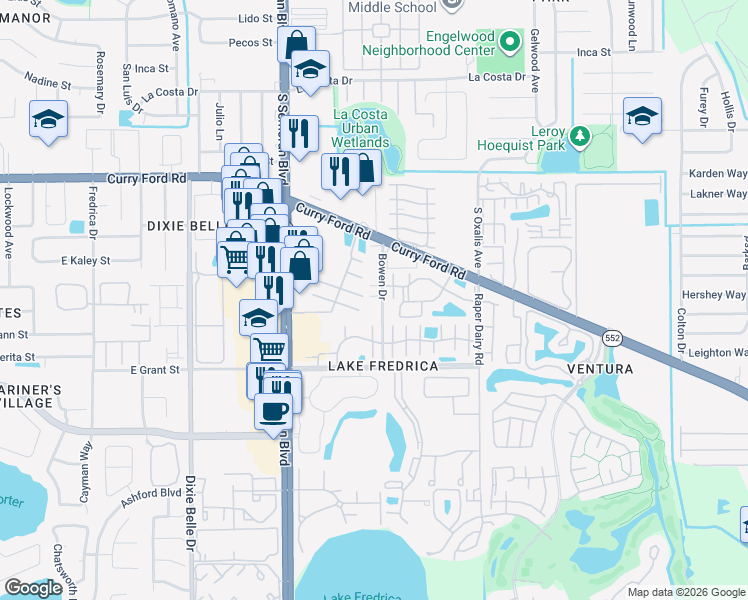 map of restaurants, bars, coffee shops, grocery stores, and more near 2000 Bowen Drive in Orlando