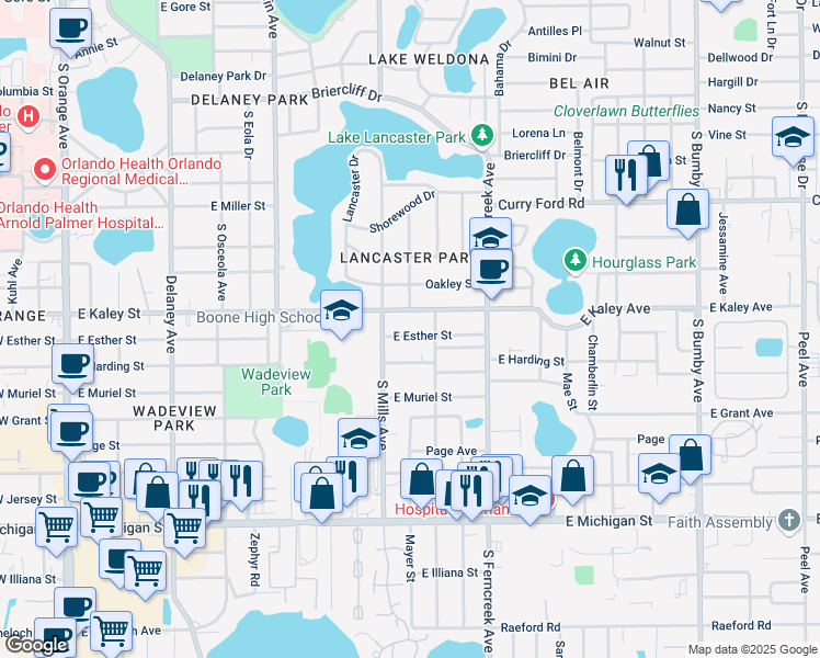 map of restaurants, bars, coffee shops, grocery stores, and more near 1307 East Esther Street in Orlando