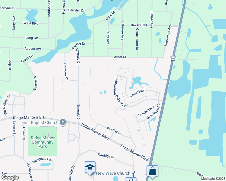 map of restaurants, bars, coffee shops, grocery stores, and more near 34379 Whispering Oaks Boulevard in Ridge Manor