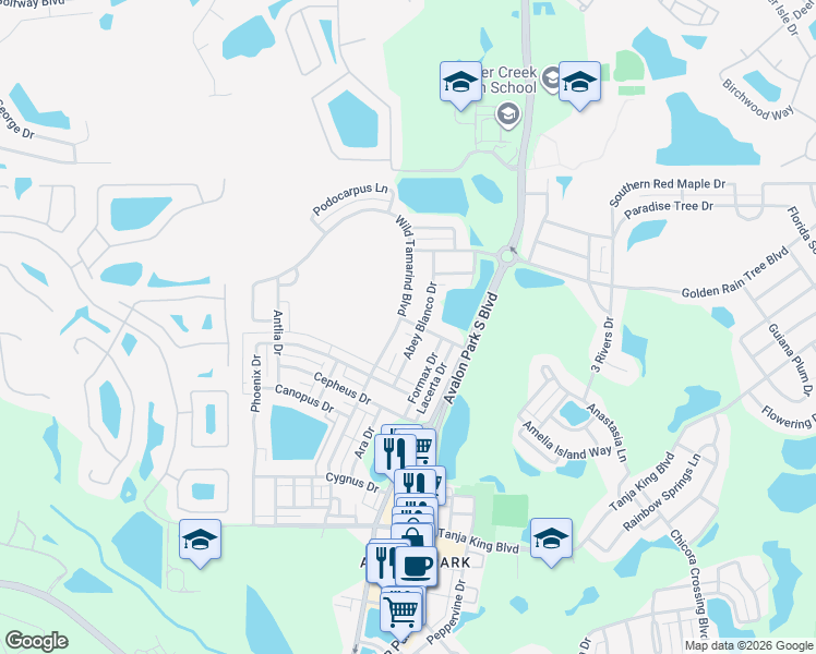 map of restaurants, bars, coffee shops, grocery stores, and more near 13812 Tea Rose Drive in Orlando