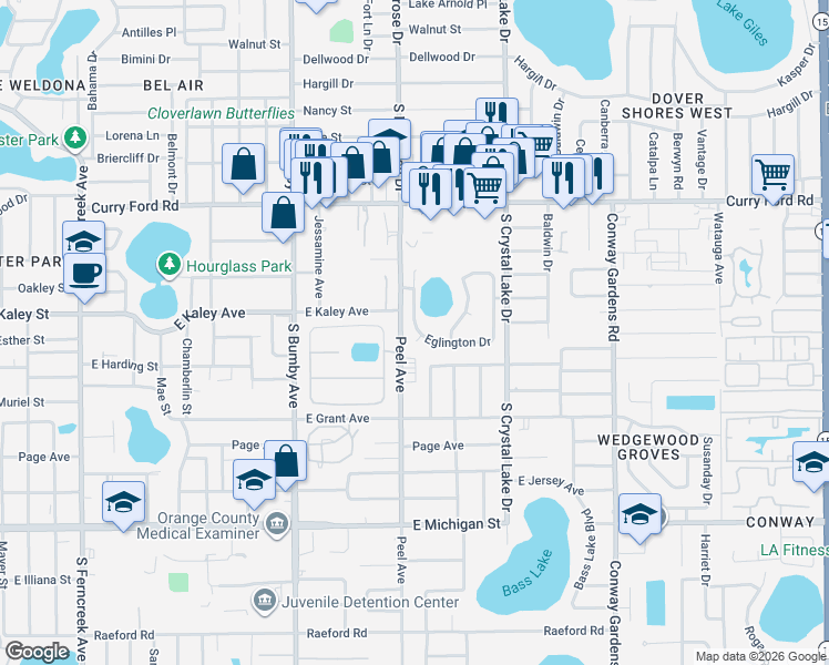 map of restaurants, bars, coffee shops, grocery stores, and more near 1988 Burchstone Drive in Orlando