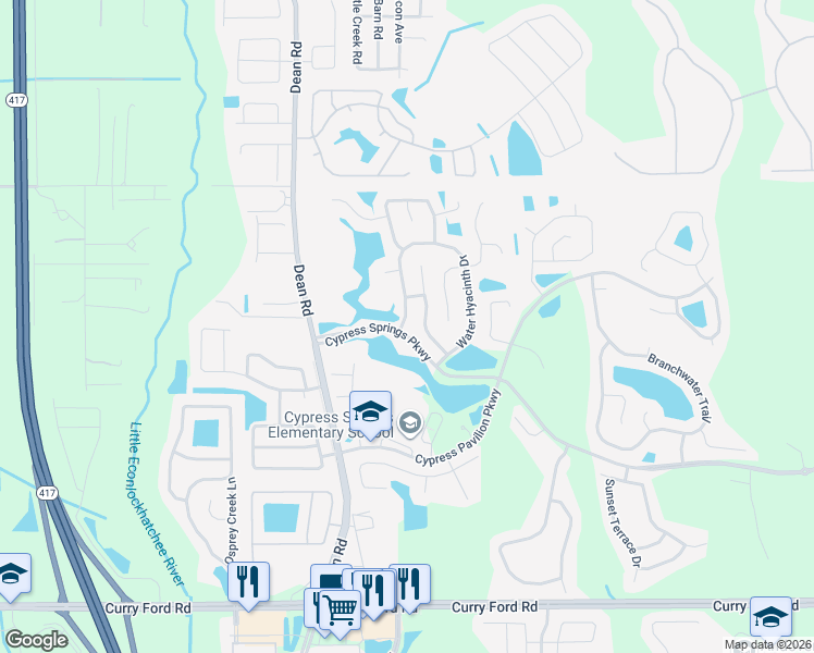 map of restaurants, bars, coffee shops, grocery stores, and more near 10200 Water Hyacinth Drive in Orlando