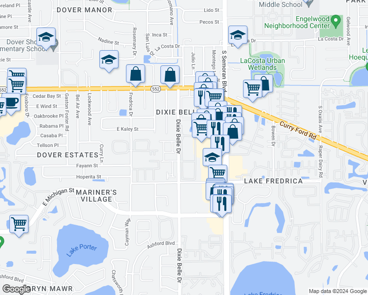 map of restaurants, bars, coffee shops, grocery stores, and more near 2025 Dixie Belle Drive in Orlando