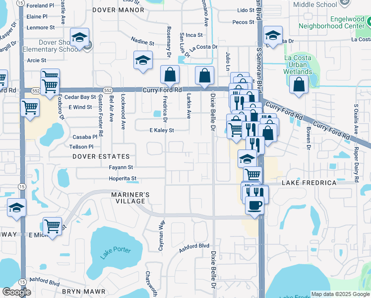 map of restaurants, bars, coffee shops, grocery stores, and more near 2041 English Channel Court in Orlando