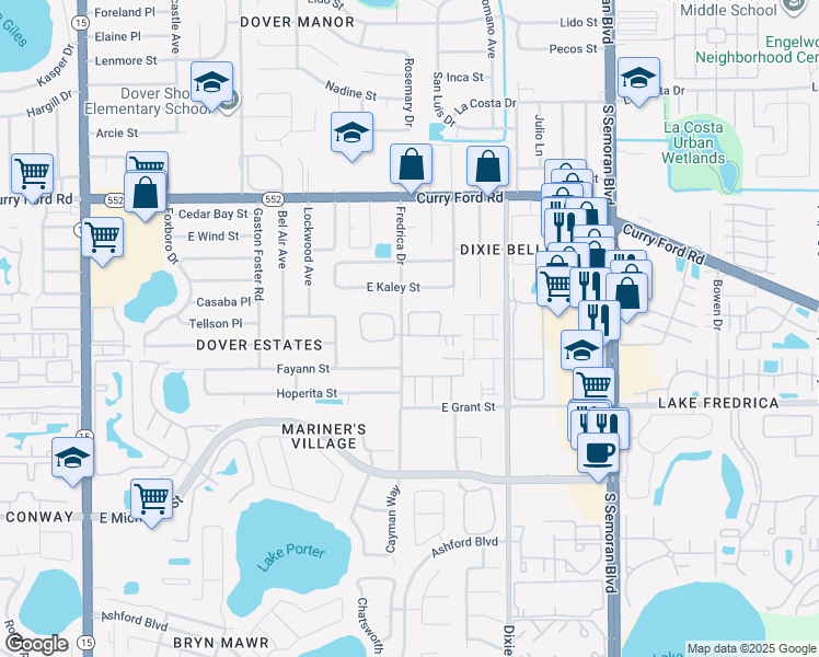 map of restaurants, bars, coffee shops, grocery stores, and more near 5300 Dover Village Lane in Orlando