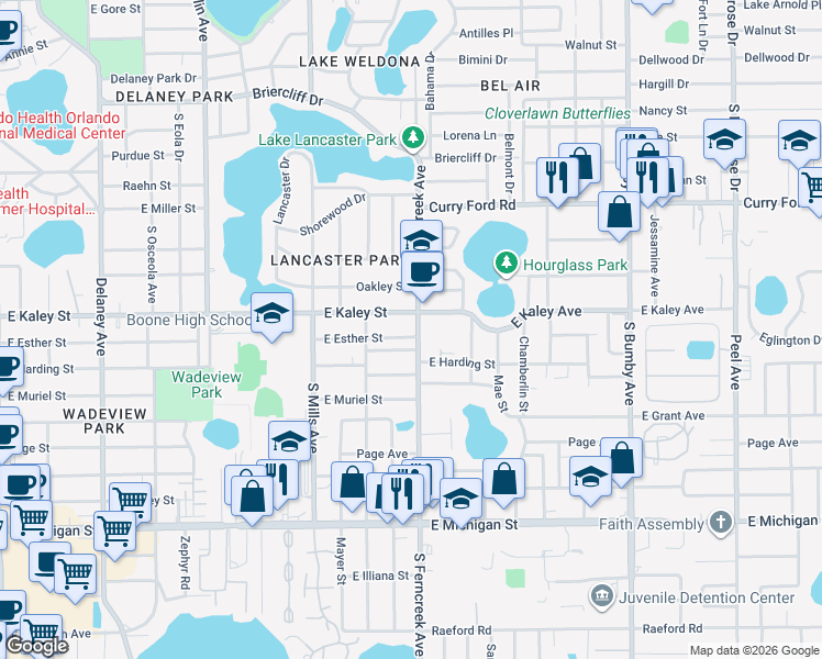 map of restaurants, bars, coffee shops, grocery stores, and more near 1527 East Esther Street in Orlando