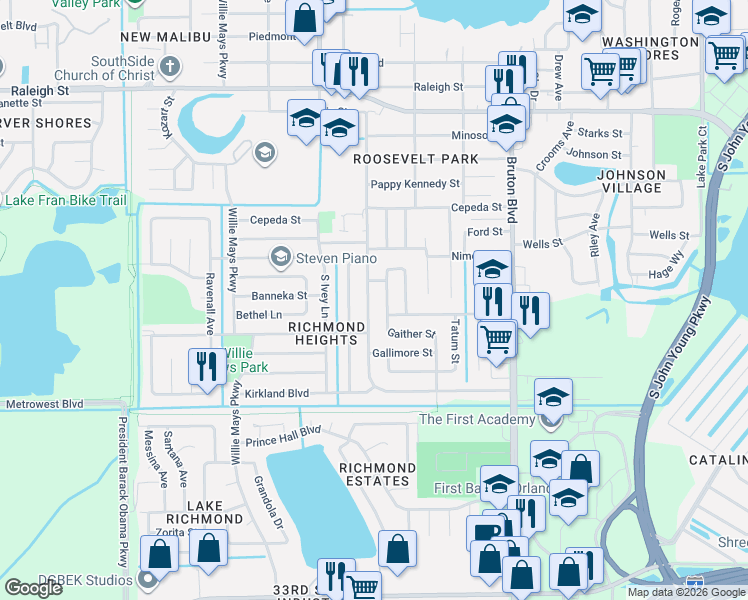 map of restaurants, bars, coffee shops, grocery stores, and more near 1911 Aaron Avenue in Orlando