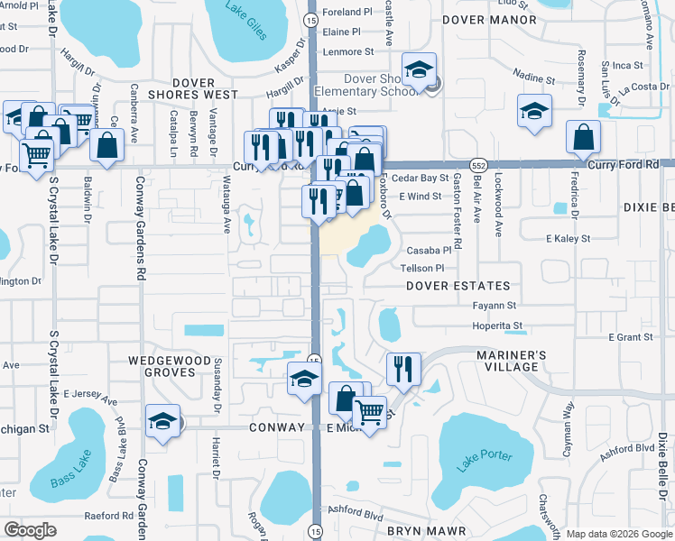 map of restaurants, bars, coffee shops, grocery stores, and more near 1935 South Conway Road in Orlando